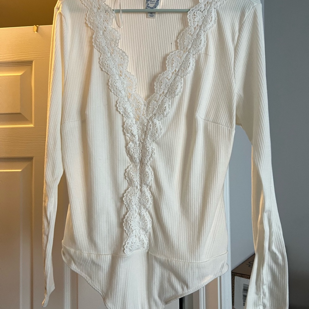 Blue Rain White Lace Trim Bodysuit